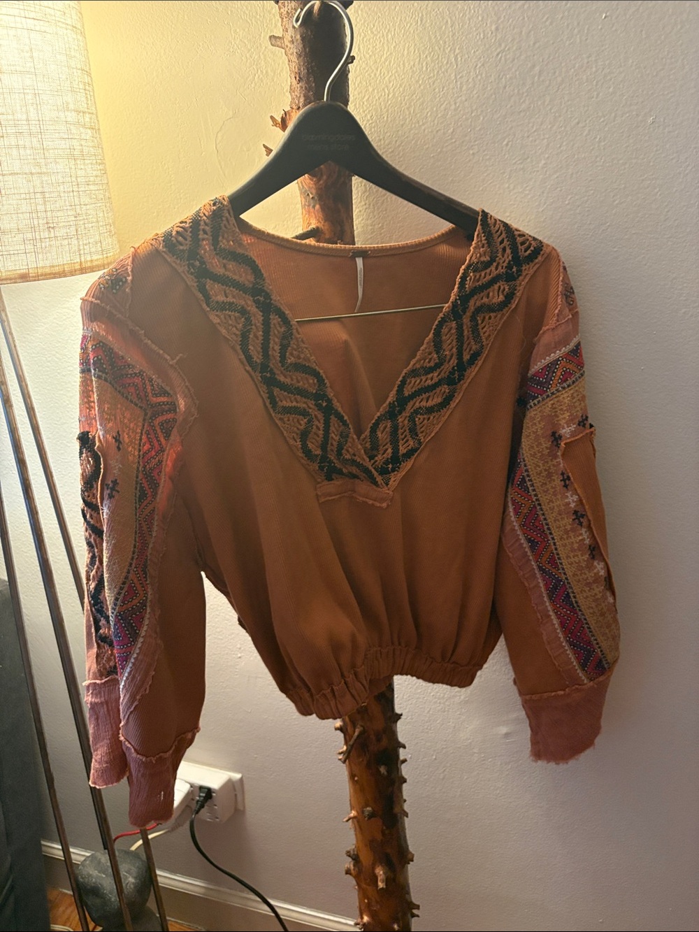 Free People Rust Embroidered V-Neck Cropped Sweatshirt